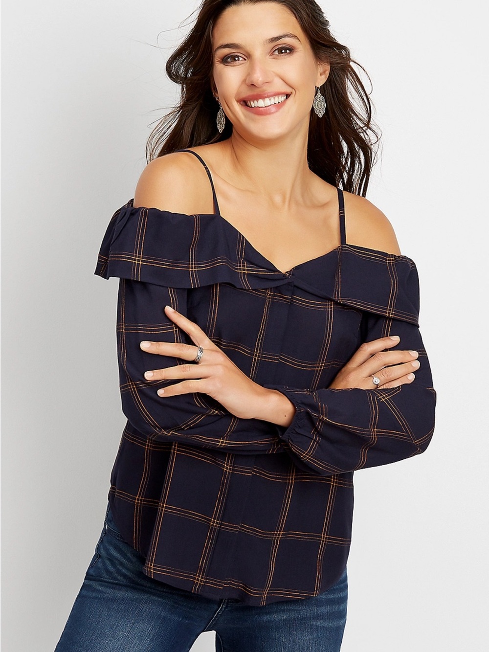 Maurices Navy Top with Tan Plaid Stitching